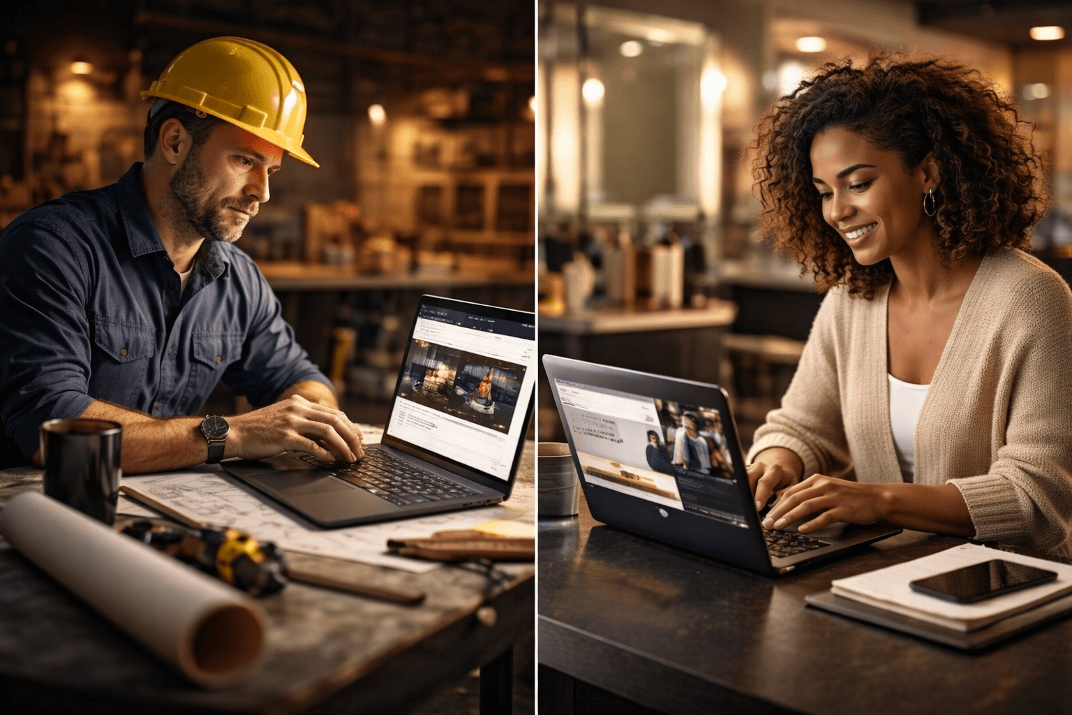 Local service business owners using laptops to manage their online presence