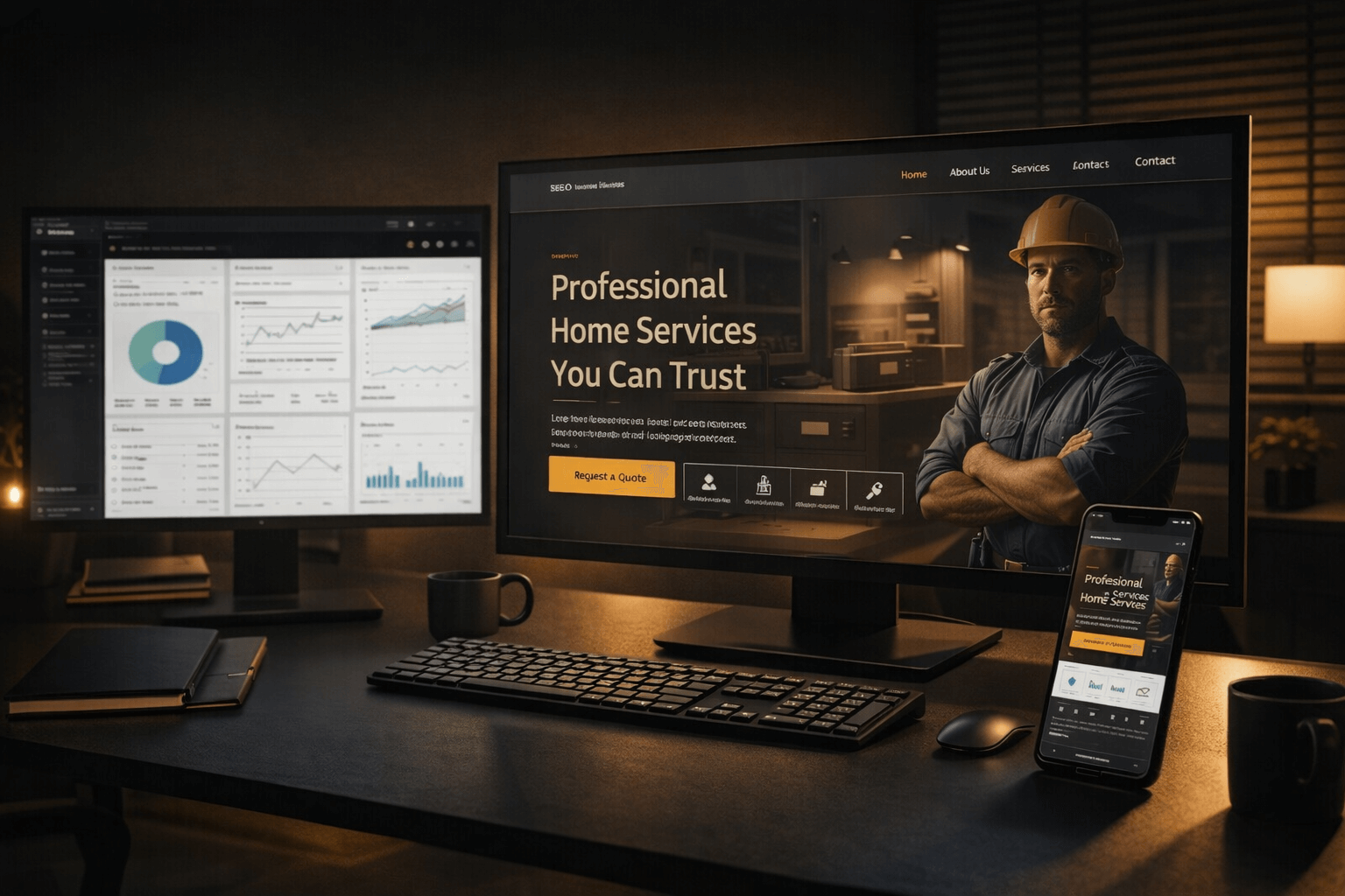 Small business website development workspace with website and SEO screens
