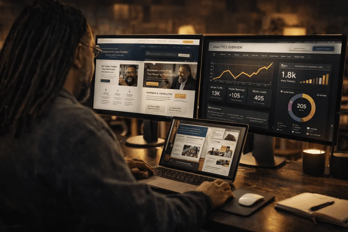 web designer reviewing website mockups and analytics