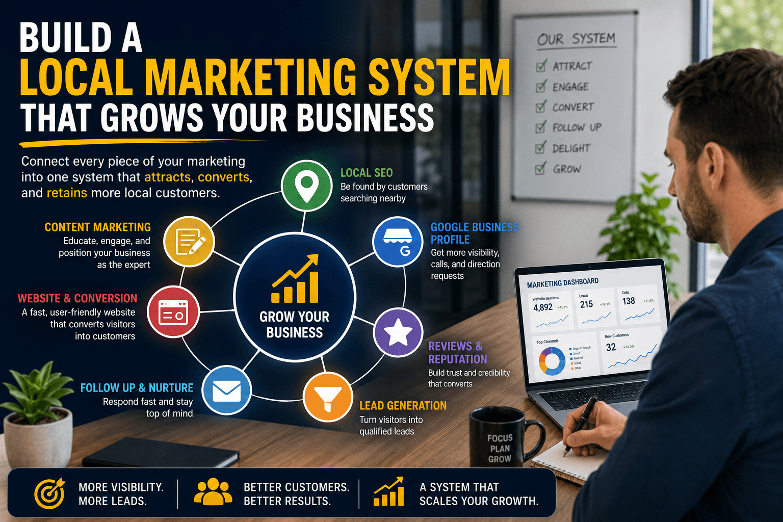 Business owner reviewing a local marketing system that combines website optimization, Local SEO, Google Business Profile, content marketing, and lead generation to grow a small business.