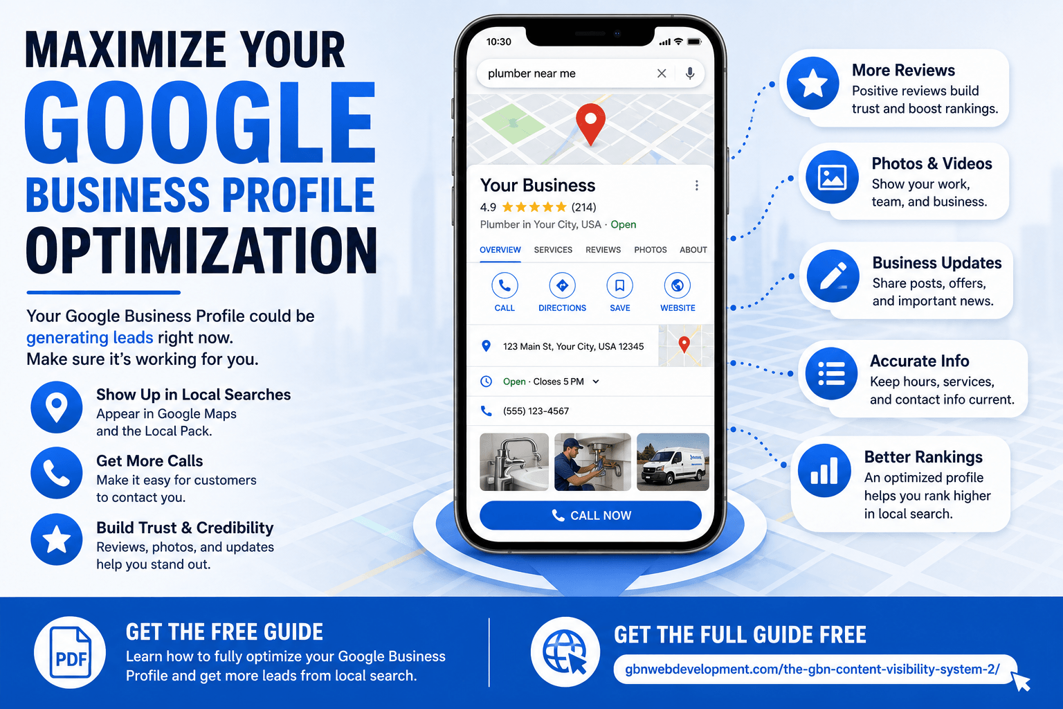 Google Business Profile optimization showing reviews, photos, business updates and local search features