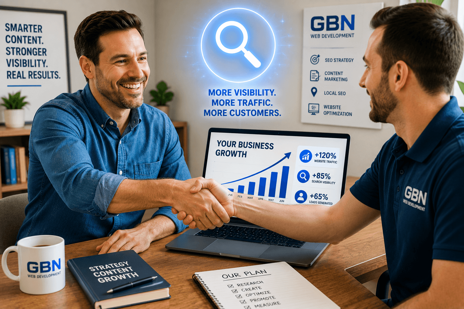 Small business owner partnering with a marketing consultant to build search authority and grow website traffic