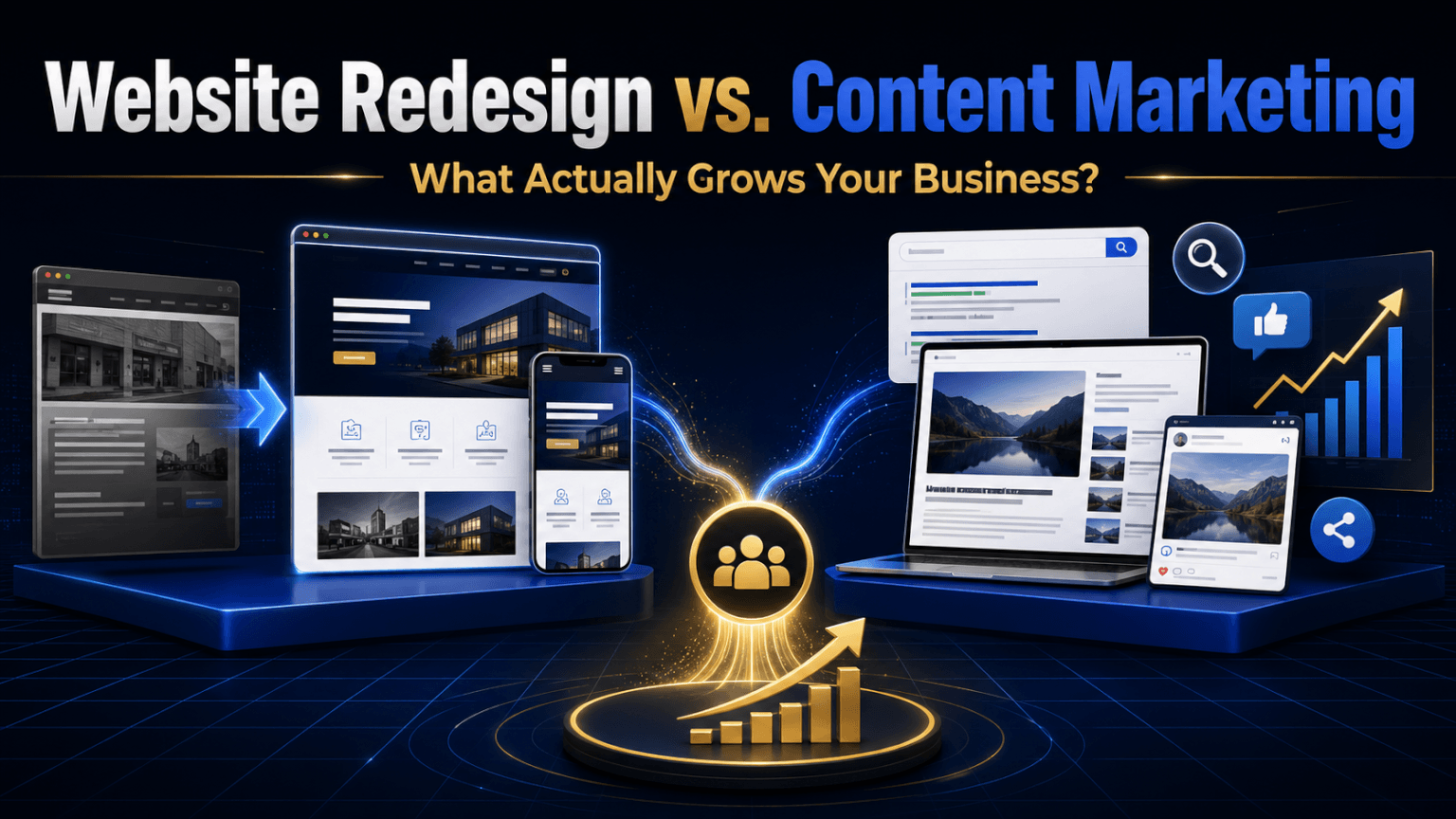 Website redesign versus content marketing comparison showing how both strategies support business growth
